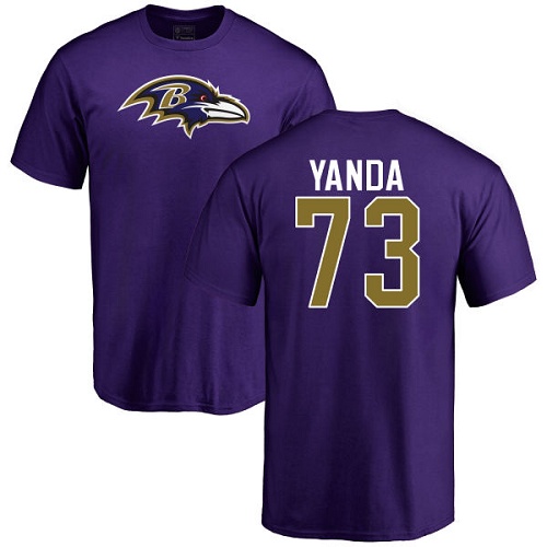 Men Baltimore Ravens Purple Marshal Yanda Name and Number Logo NFL Football #73 T Shirt